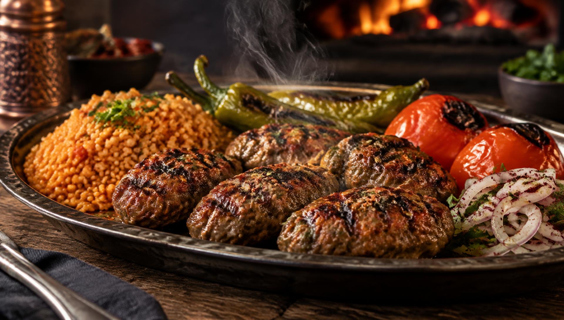 Mangalda pişmiş Köfteci Ali köftesi, bulgur pilavı ve közlenmiş sebzeler